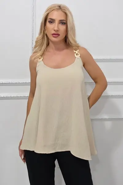 Bluza creponata AiRA, detalii metalice si croi asimetric, Bej, Marime S/M