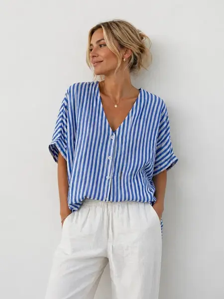 Bluza cu maneca fluture, nasturi in fata si dungi fine alb - albastru