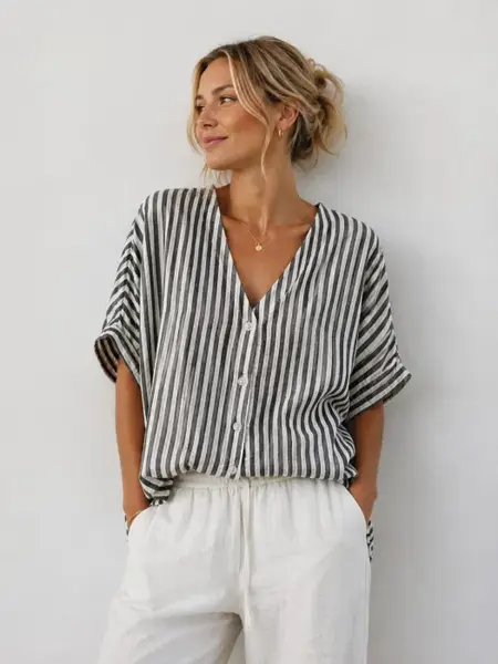 Bluza cu maneca fluture, nasturi in fata si dungi fine alb - negru