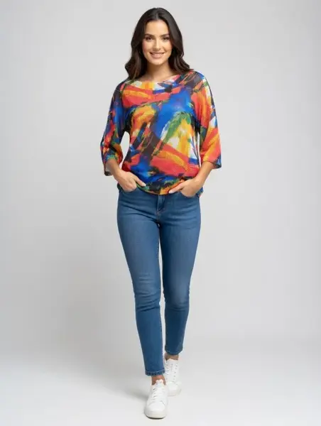 Bluza cu maneca fluture trei sferturi si imprimeu pete de culoare picturale vibrante