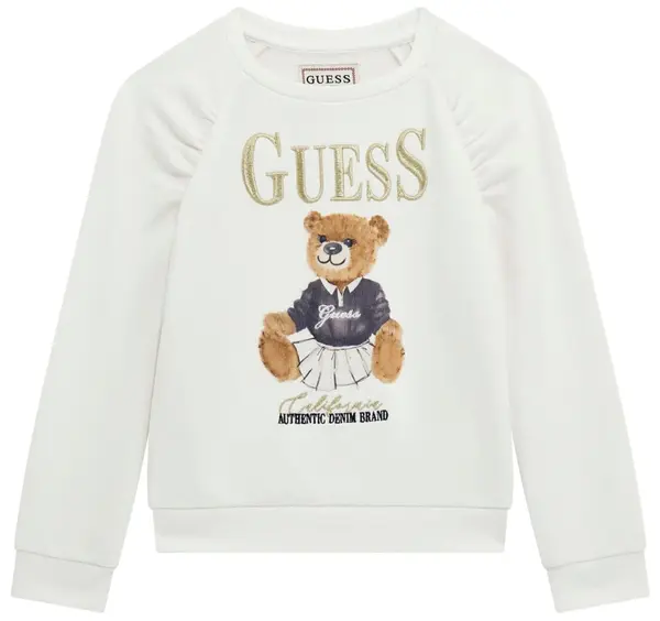 Bluza cu mânecă lungă Guess - Inscripție aurie și ursuleț, albă, 12 luni