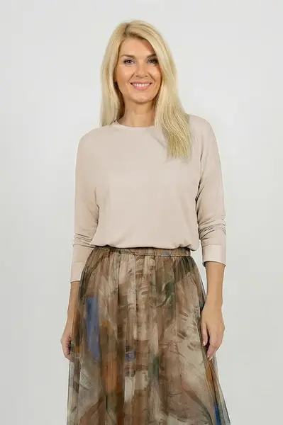 Bluza dama cu maneca fluture si satin la maneci si decolteu, bej deschis