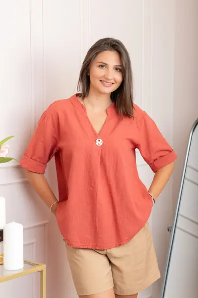 Bluza dama din bumbac Hope cu guler tunica - Caramiziu