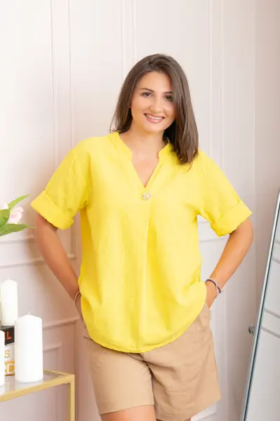 Bluza dama din bumbac Hope cu guler tunica - Galben