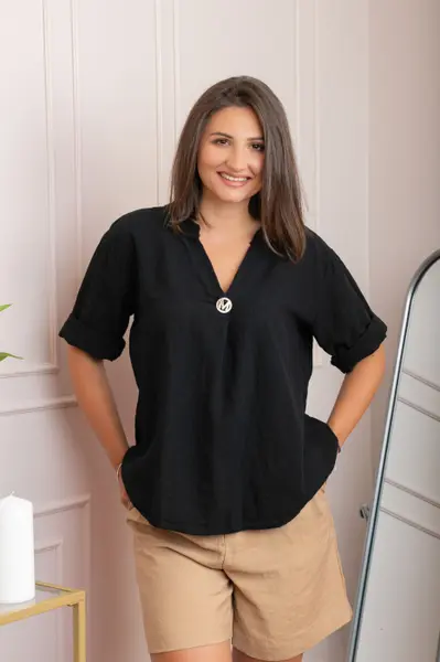 Bluza dama din bumbac Hope cu guler tunica - Negru