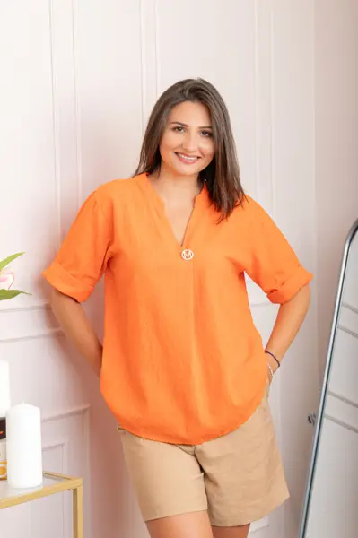 Bluza dama din bumbac Hope cu guler tunica - Orange