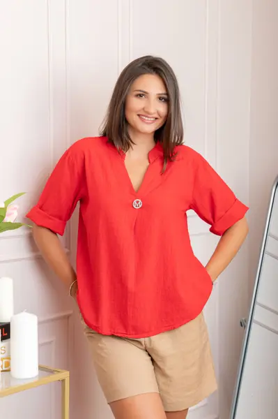 Bluza dama din bumbac Hope cu guler tunica - Rosu