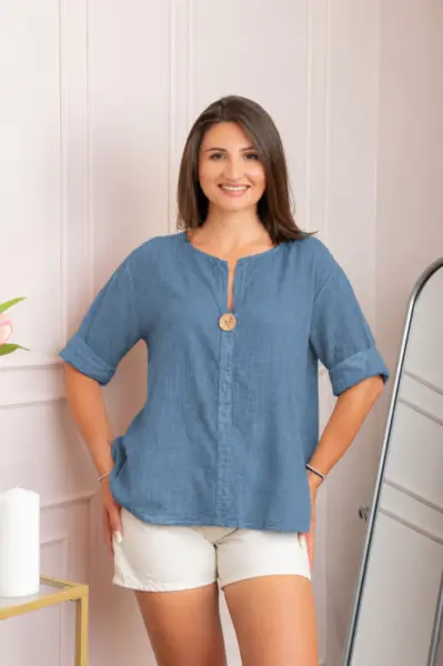 Bluza dama din bumbac Kerry cu maneci reglabile - Albastru