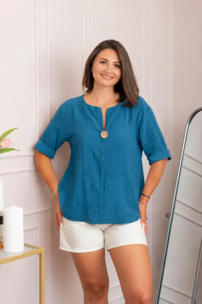 Bluza dama din bumbac Kerry cu maneci reglabile - Turcoaz