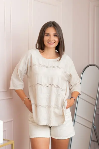 Bluza dama din bumbac Louise cu perforatii si buzunar - Ecru