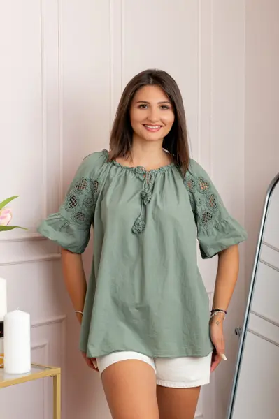 Bluza dama din bumbac Myra cu perforatii florale - Kaki