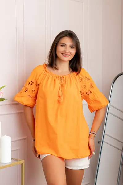 Bluza dama din bumbac Myra cu perforatii florale - Orange