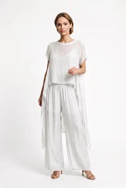 Bluza dama eleganta din matase si vascoza, asimetrica, vaporoasa, alba