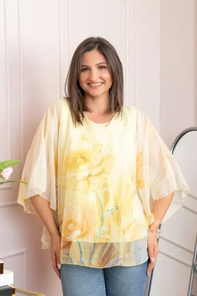 Bluza dama eleganta Shirley galben pastel din voal cu imprimeu floral