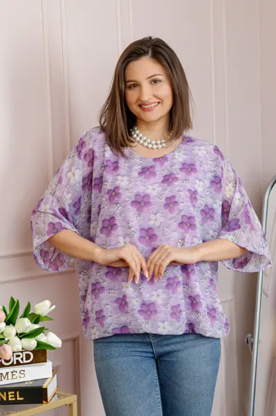 Bluza dama Maddie din voal lila cu imprimeu floral mov