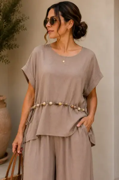 Bluza dama masura mare din vascoza bluza cu margele, bej fango