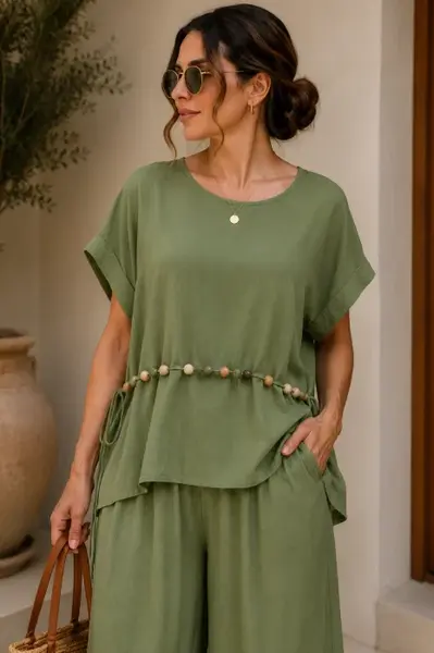 Bluza dama masura mare din vascoza bluza cu margele, kaki
