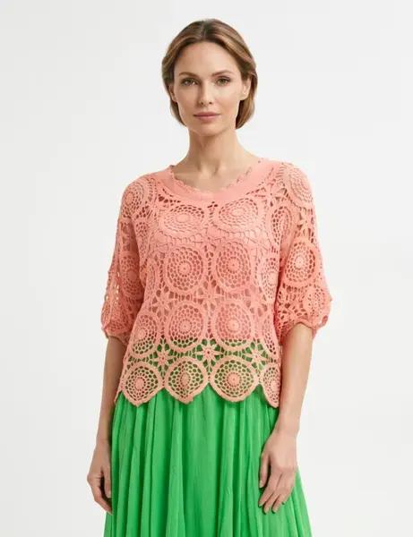 Bluza de vara cu broderie din bumbac, croi lejer, roz piersica