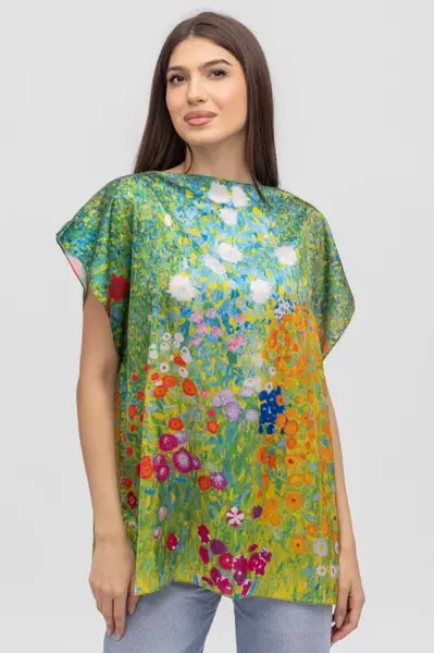 Bluza de vara tip poncho din matase cu imprimeu camp cu maci