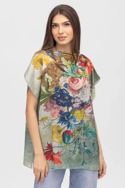 Bluza de vara tip poncho din matase cu imprimeu floral