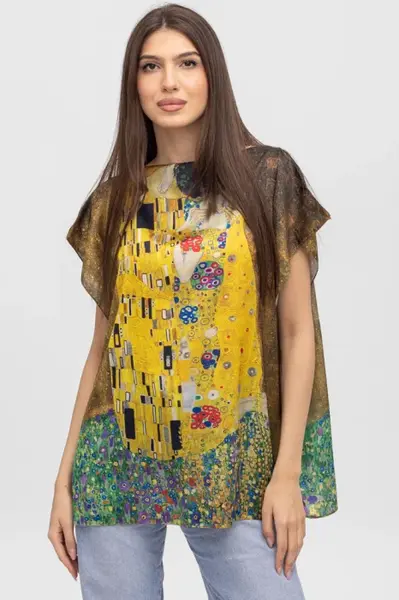 Bluza de vara tip poncho din matase cu reproducere dupa Sarutul de Gustav Klimt