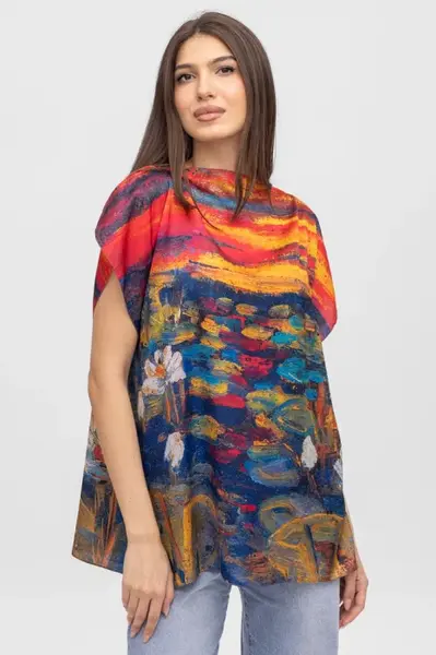 Bluza de vara tip poncho din matase imprimata cu reproducere dupa picturi celebre