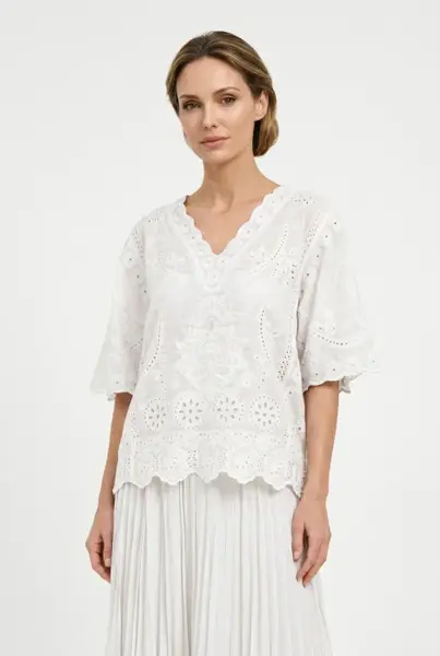 Bluza din bumbac brodat cu decolteu in V si maneci evazate, eleganta, alba