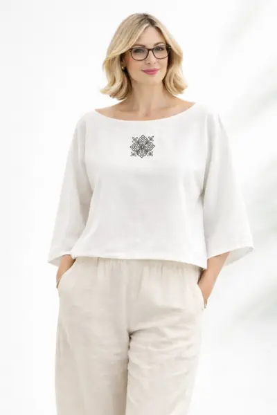 Bluza din bumbac cu broderie inspiratie etno - Ogor bland, Marime unica