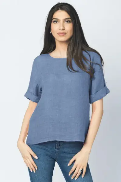 Bluza din in albastru jeans cu nasturi pe spate