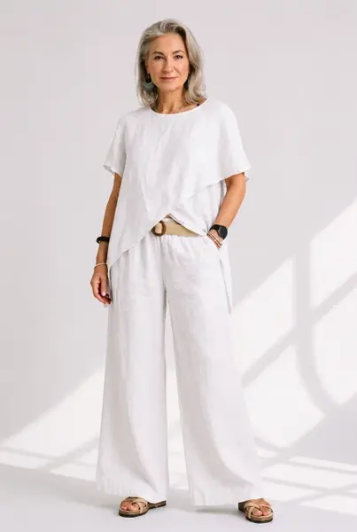 Bluza din in cu croi asimetric si design petrecut, alba