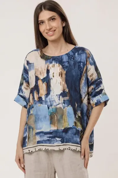 Bluza din in cu imprimeu artistic si croi lejer, predominant albastru