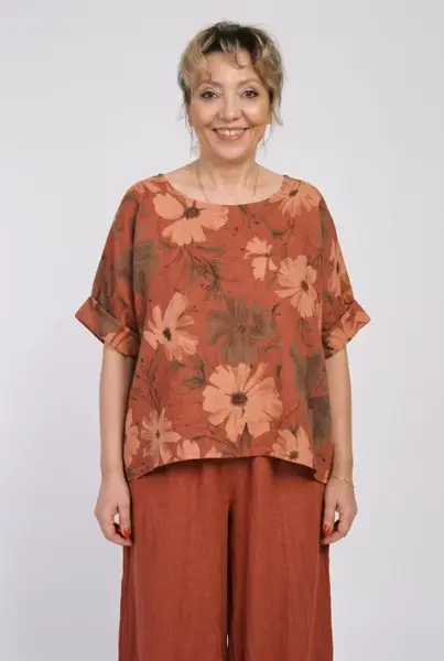 Bluza din in cu imprimeu floral pastelat si croi relaxat, caramizie