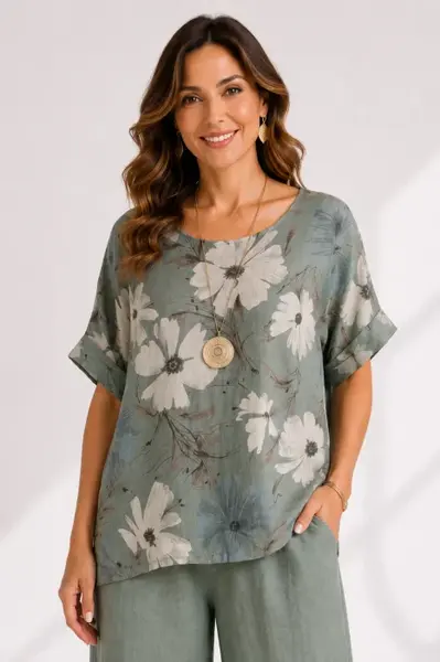 Bluza din in cu imprimeu floral pastelat si croi relaxat, kaki