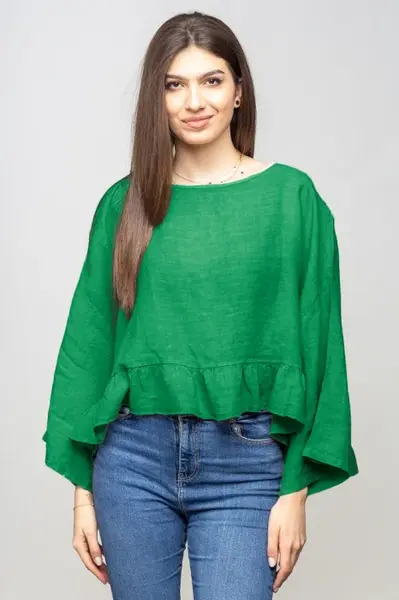Bluza din in cu volanas, oversize, verde