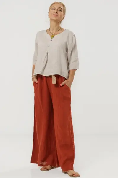 Bluza din in lejera cu nasturi decorativi, bej