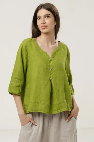 Bluza din in lejera cu nasturi decorativi, verde olive