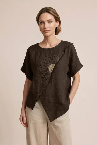 Bluza din in maro cu paiete si broderie, croi lejer asimetric, stil elegant natural