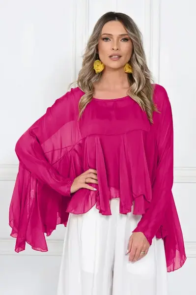 Bluza din matase naturala si vascoza cu volane tip cascada, croi lejer, fucsia