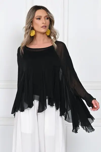 Bluza din matase naturala si vascoza cu volane tip cascada, croi lejer, neagra
