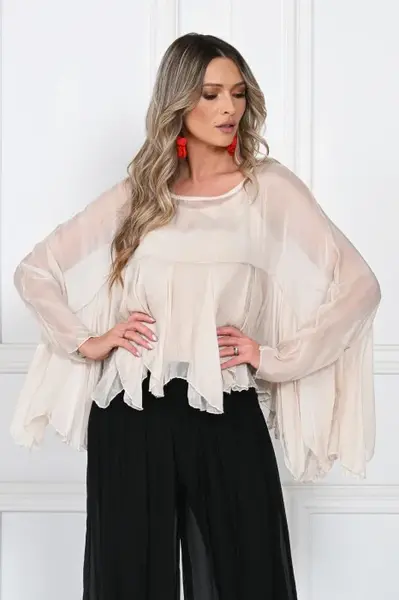 Bluza din matase naturala si vascoza cu volane tip cascada, croi lejer, ivoire