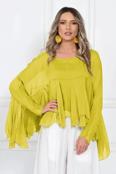 Bluza din matase naturala si vascoza cu volane tip cascada, croi lejer, verde lime