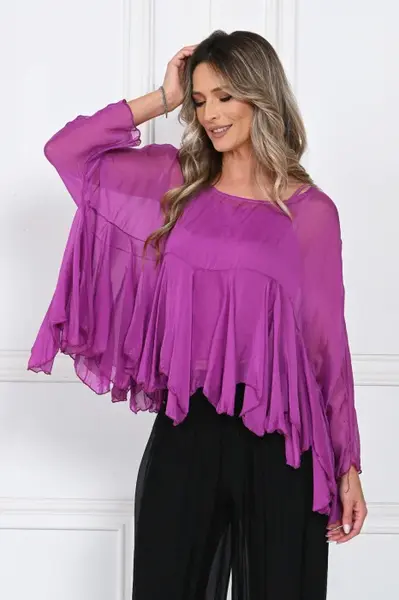 Bluza din matase naturala si vascoza cu volane tip cascada, croi lejer, magenta