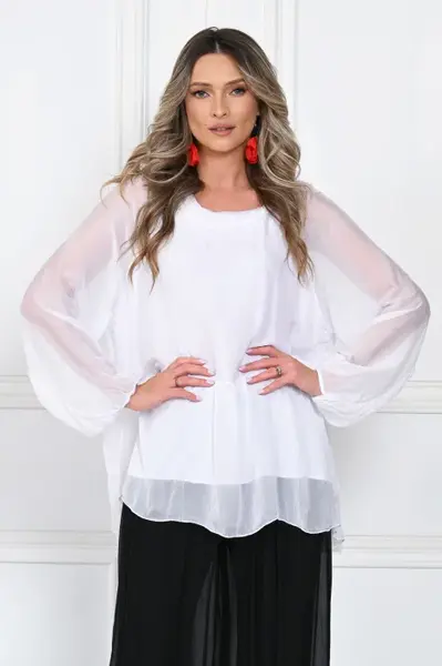 Bluza din matase naturala si vascoza, lejera cu guler intors si maneci bufante, alba