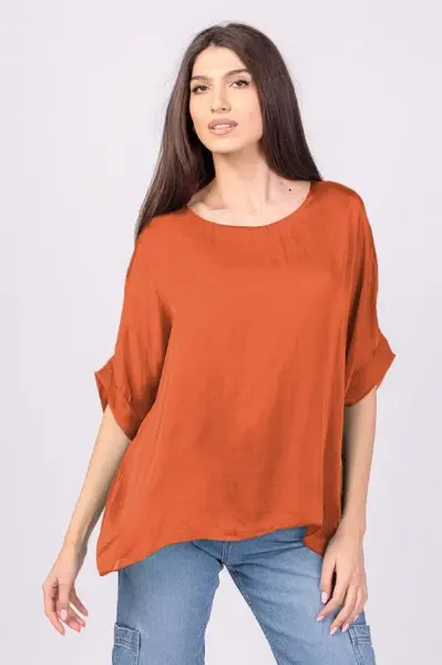 Bluza din matase si vascoza caramizie, cu funda pe spate