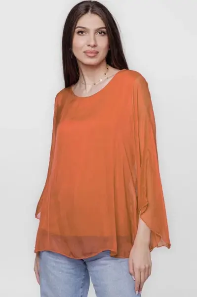 Bluza din matase si vascoza cu maneca clopot, caramizie