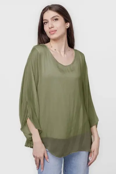 Bluza din matase si vascoza cu maneca evazata si dublura, kaki