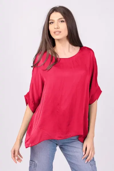 Bluza din matase si vascoza fucsia inchis, cu funda pe spate