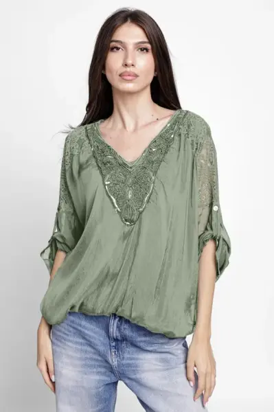 Bluza din matase si vascoza platca brodata, cu paiete fine si cu dantela pe spate, kaki