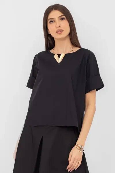 Bluza din poplin de bumbac cu nasturi pe spate, neagra