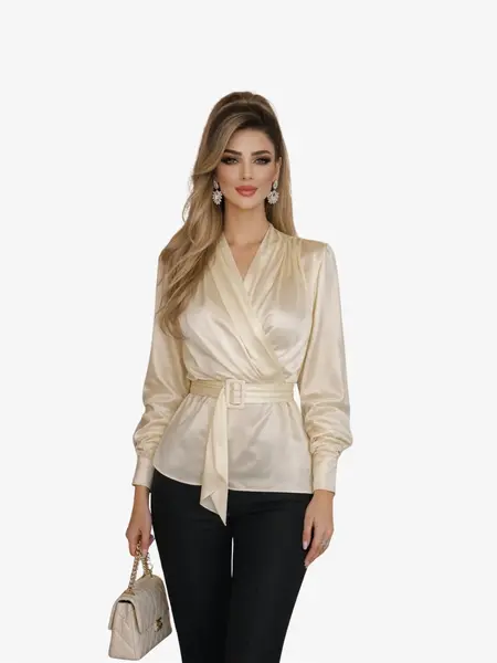 Bluza din Satin si Bumbac "Eveline", Alb Prafuit - XL